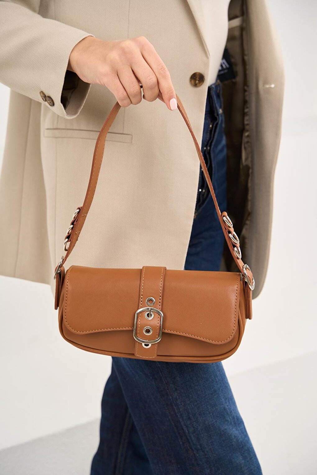 Women's Shoulder Bag with Buckle - Tan