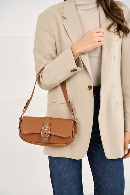 Women's Shoulder Bag with Buckle - Tan