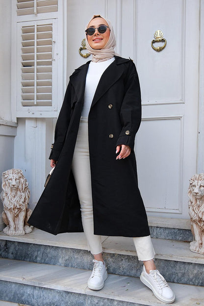 Double Breasted Collar Trench Coat with Pleated Sleeves Black