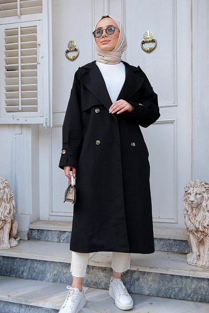 Double Breasted Collar Trench Coat with Pleated Sleeves Black