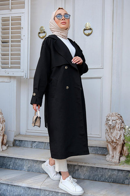 Double Breasted Collar Trench Coat with Pleated Sleeves Black