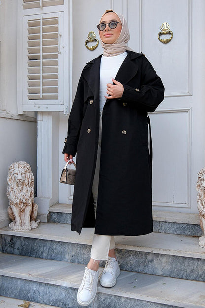 Double Breasted Collar Trench Coat with Pleated Sleeves Black