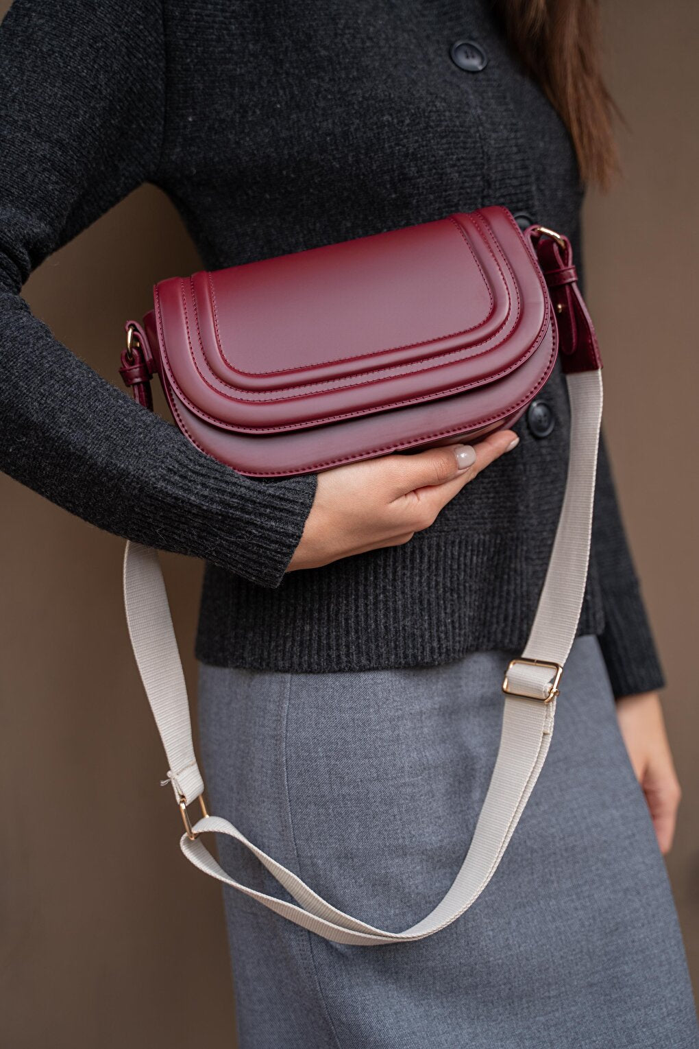 Women's Crossbody Bag with Canvas Strap - Claret Red