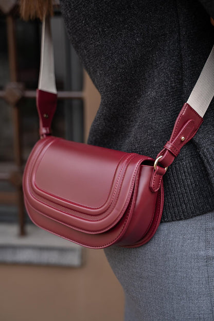 Women's Crossbody Bag with Canvas Strap - Claret Red