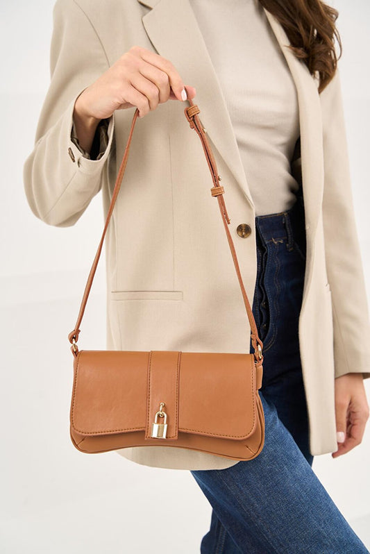 Women's Shoulder Bag with Lock Cover - Tan