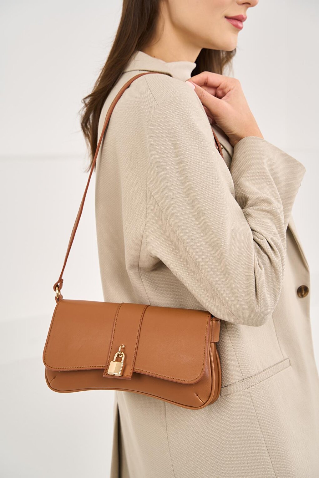 Women's Shoulder Bag with Lock Cover - Tan