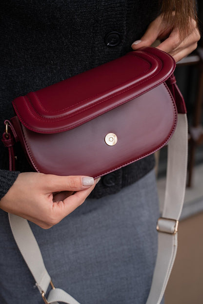 Women's Crossbody Bag with Canvas Strap - Claret Red