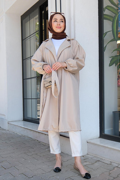 Double Breasted Collar Belted Women's Trench Coat Beige