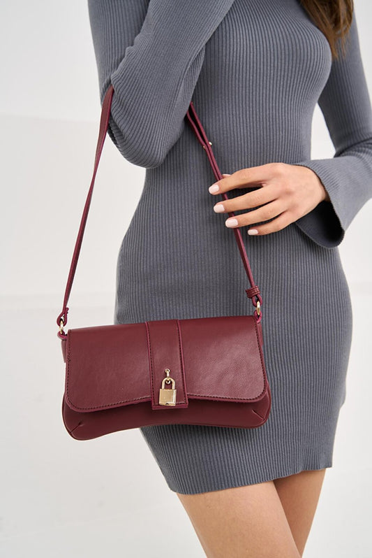 Women's Shoulder Bag with Lock Cover - Claret Red