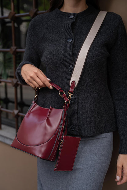 Top Stitched Wallet Bucket Women's Bag - Claret Red