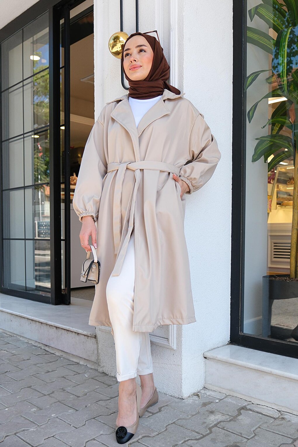 Double Breasted Collar Belted Women's Trench Coat Beige