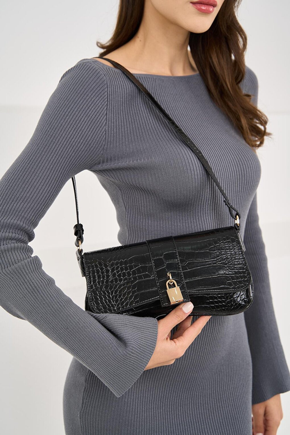 Women's Shoulder Bag with Lock Cover - Black Crocodile