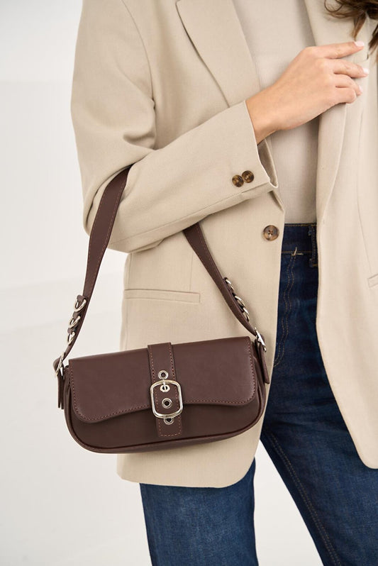 Women's Shoulder Bag with Buckle - Brown