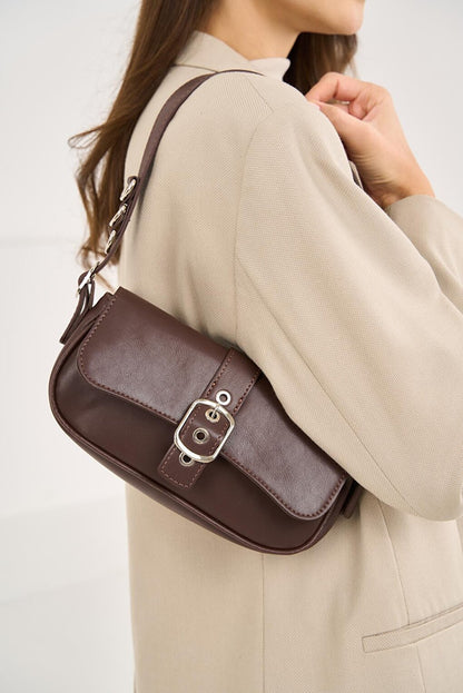 Women's Shoulder Bag with Buckle - Brown