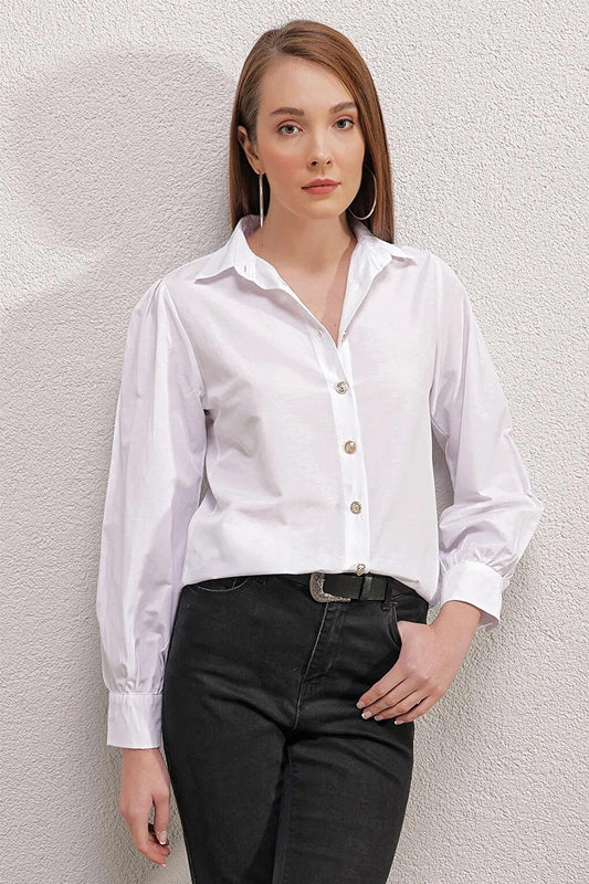 Women's White Button Detailed Lightweight Oversize Basic Shirt HZL23W-BD1201581