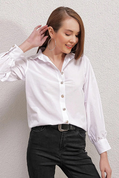 Women's White Button Detailed Lightweight Oversize Basic Shirt HZL23W-BD1201581