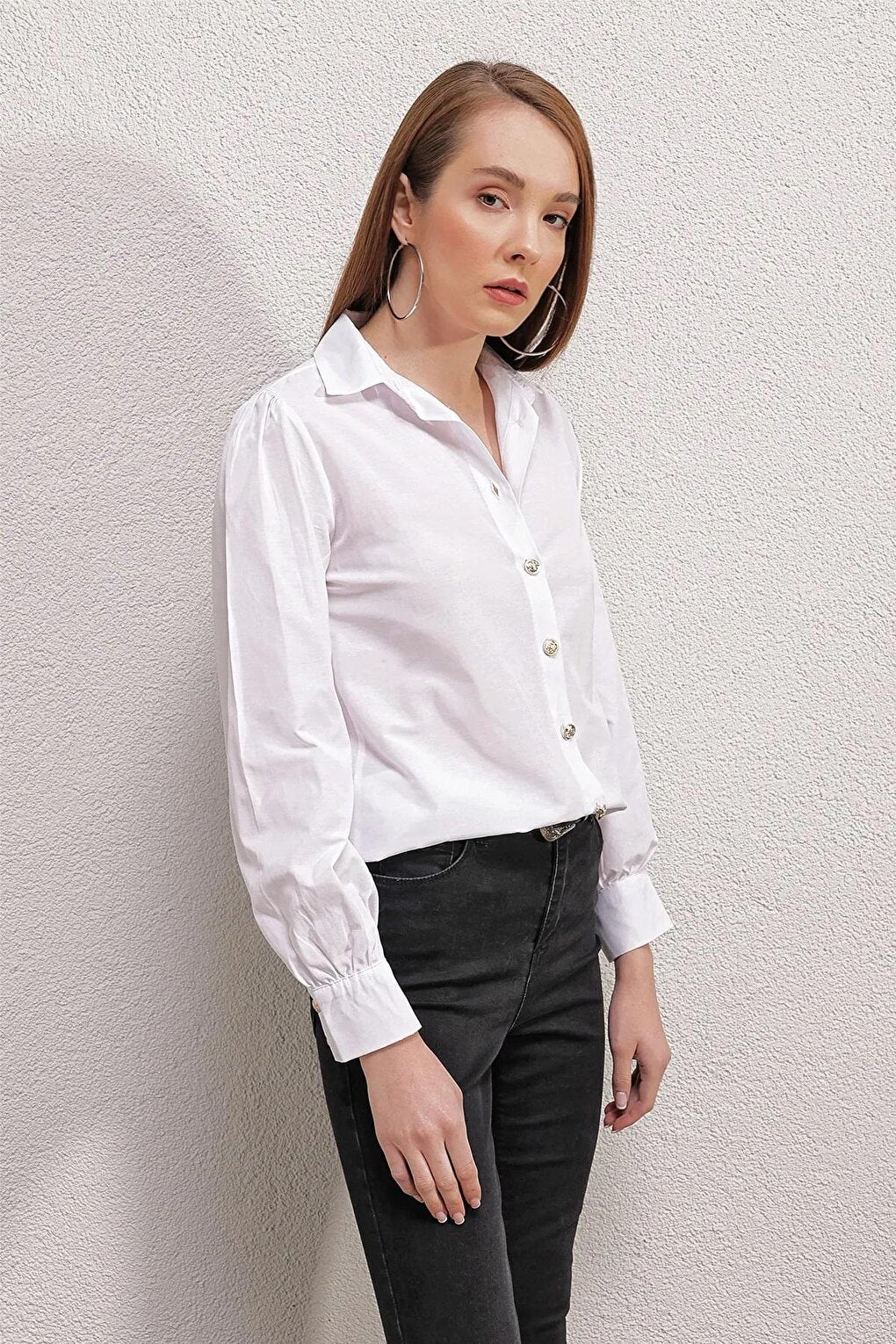 Women's White Button Detailed Lightweight Oversize Basic Shirt HZL23W-BD1201581