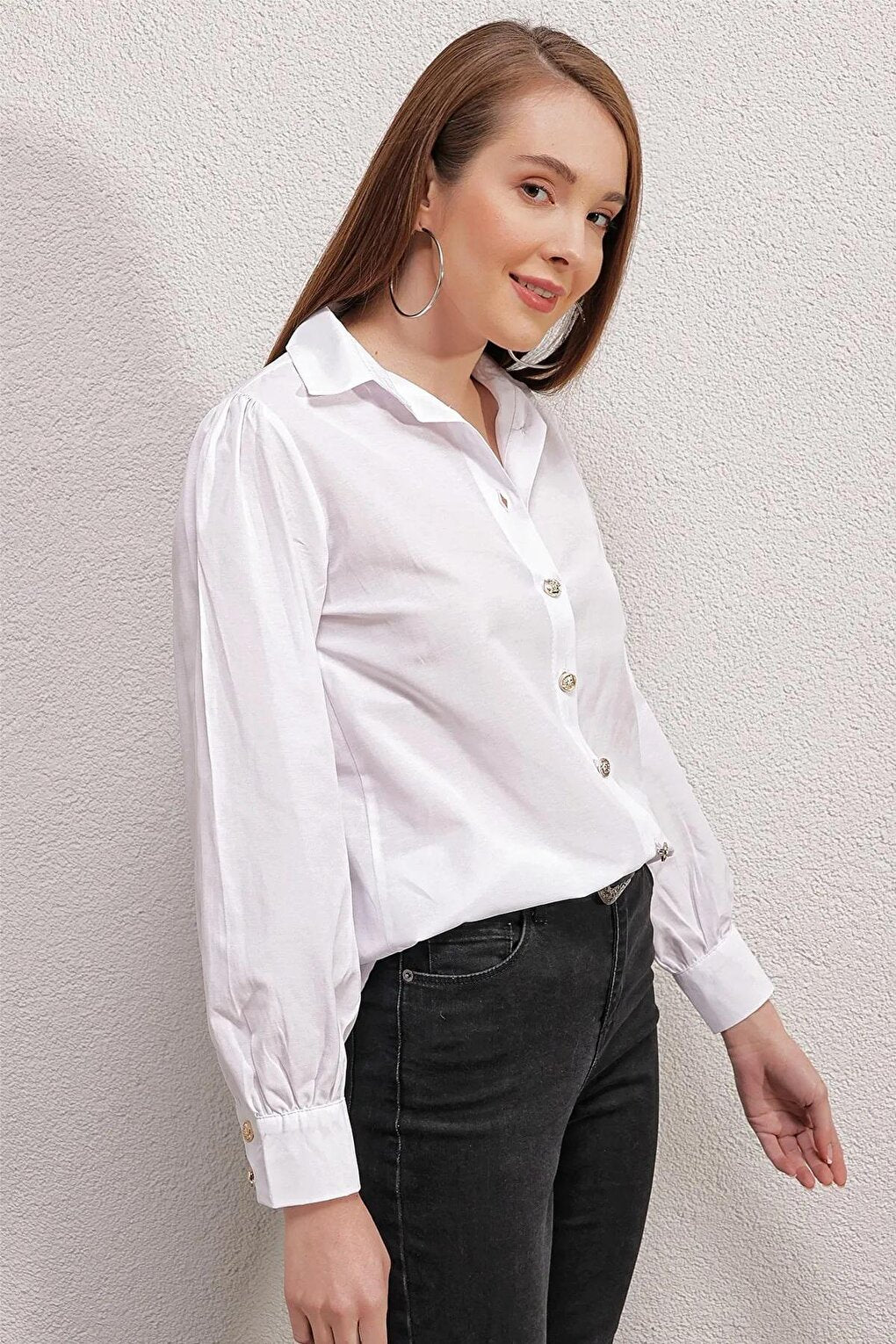 Women's White Button Detailed Lightweight Oversize Basic Shirt HZL23W-BD1201581