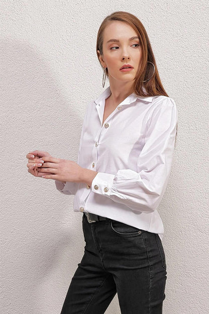 Women's White Button Detailed Lightweight Oversize Basic Shirt HZL23W-BD1201581