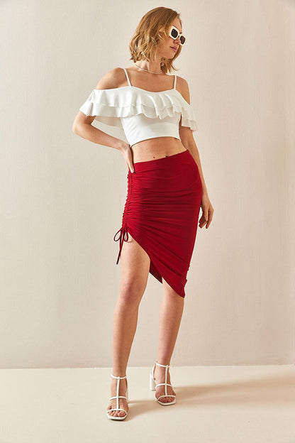 Burgundy Side Gathered Draped Skirt 3YXK7-47099-05