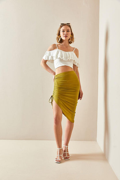 Oil Green Side Gathered Draped Skirt 3YXK7-47099-54