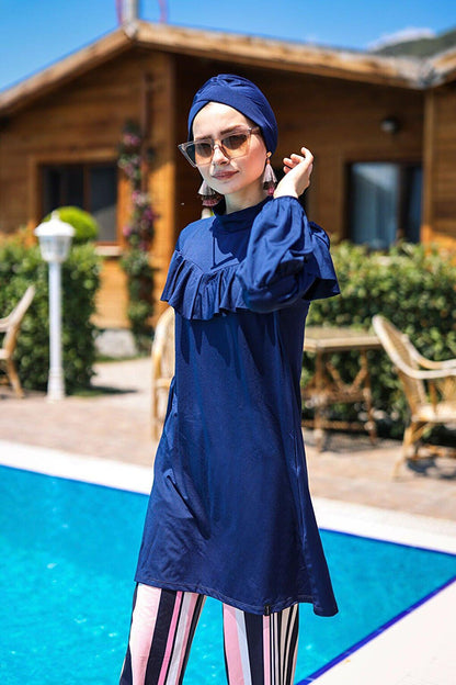 4-Piece Navy Blue Rose Detailed Fully Covered Hijab Swimsuit M2012