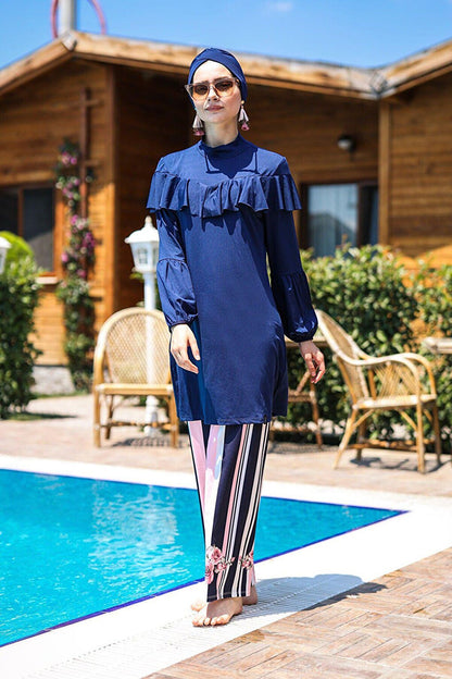 4-Piece Navy Blue Rose Detailed Fully Covered Hijab Swimsuit M2012