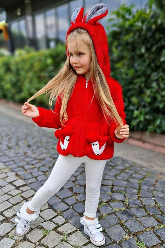 Girl's Hooded Red Plush Jacket with Lamb Ears