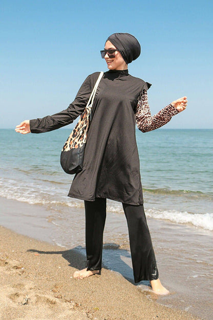 Black 4-Piece Leopard Sleeve Detailed Fully Covered Hijab Swimsuit M2101