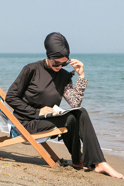 Black 4-Piece Leopard Sleeve Detailed Fully Covered Hijab Swimsuit M2101