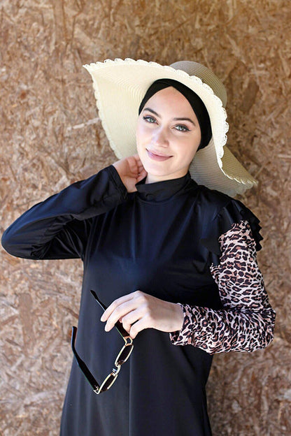 Black 4-Piece Leopard Sleeve Detailed Fully Covered Hijab Swimsuit M2101