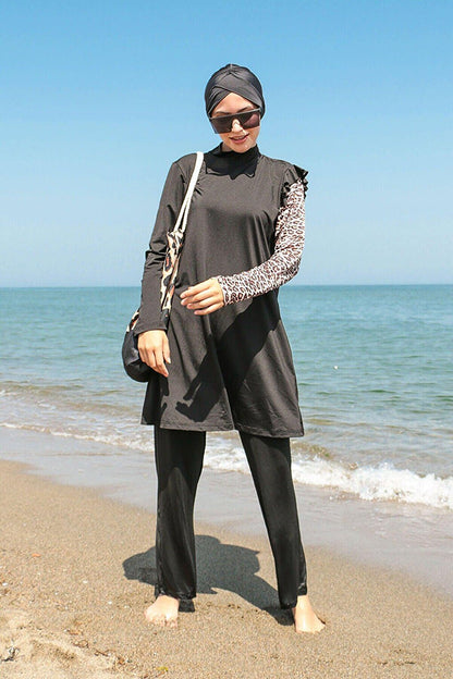 Black 4-Piece Leopard Sleeve Detailed Fully Covered Hijab Swimsuit M2101