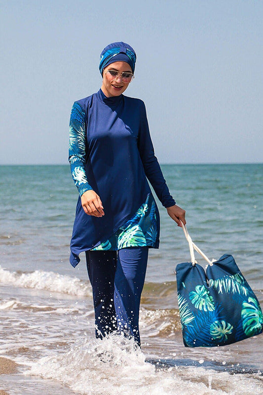 Navy Blue 4-Piece Leaf Patterned Fully Covered Hijab Swimsuit M2125