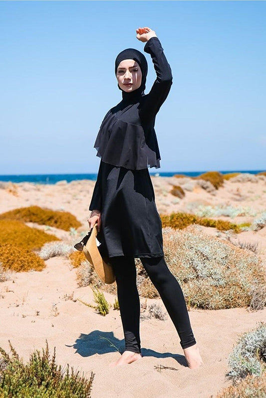 4-Piece Black Flounce Detailed Fully Covered Hijab Swimsuit M2034