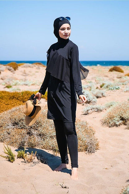 4-Piece Black Flounce Detailed Fully Covered Hijab Swimsuit M2034