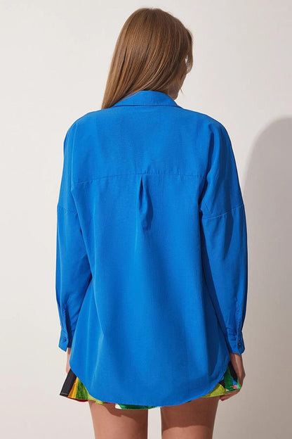 Women's Saks Blue Plain Plain Araboy Basic Oversize Shirt