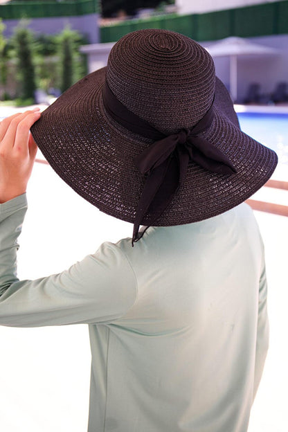 Black Wide Straw Hat with Bow 1423218