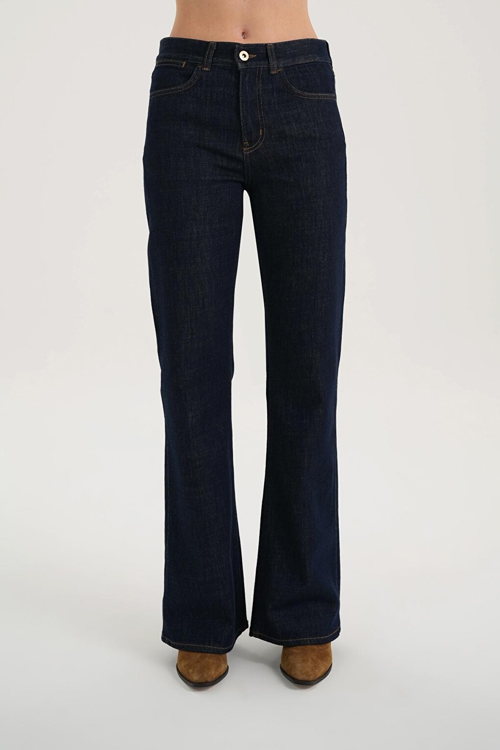 Aurora Dark Blue High Waist Flare Fit Zippered Trousers Jean C 4528-036