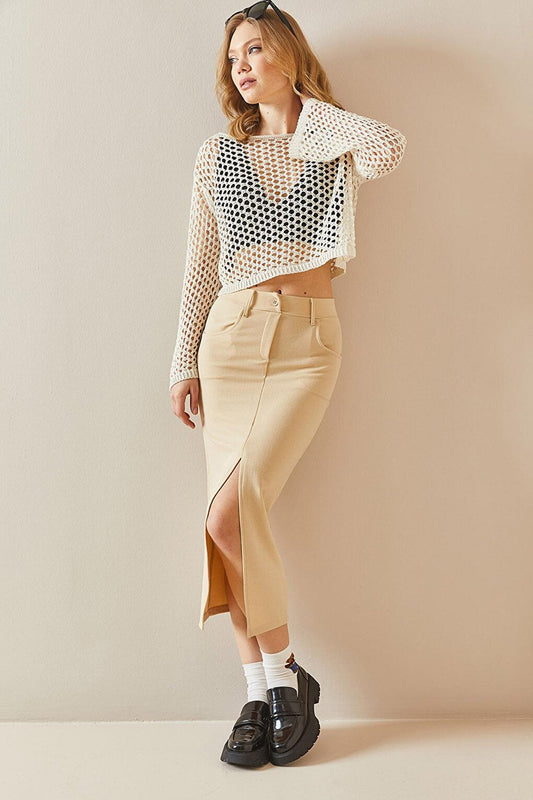 Cream Color Slit Pencil Skirt 3YXK7-47007-22