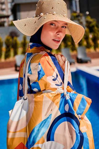 Beige Wide Straw Hat with Pearls 1423210