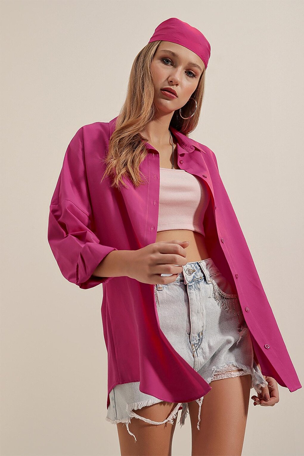 Women's Fuchsia Plain Plain Araboy Basic Oversize Shirt