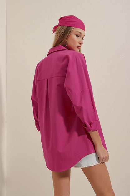 Women's Fuchsia Plain Plain Araboy Basic Oversize Shirt