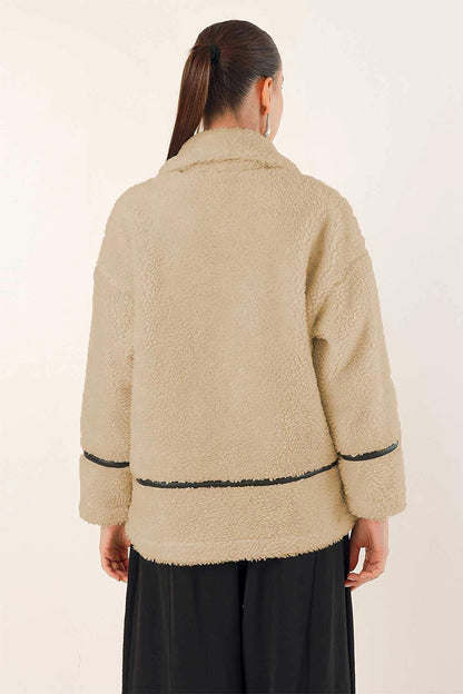 Beige Zippered Collar Plush Coat