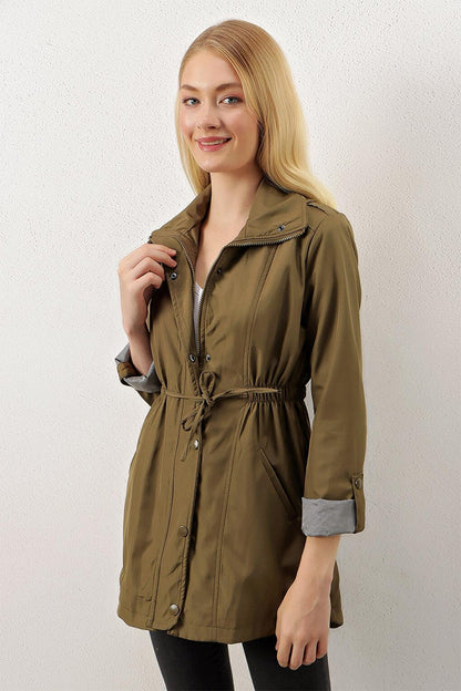 Women's Khaki Zippered Waist Drawstring Sleeve Cuffed Trench Coat