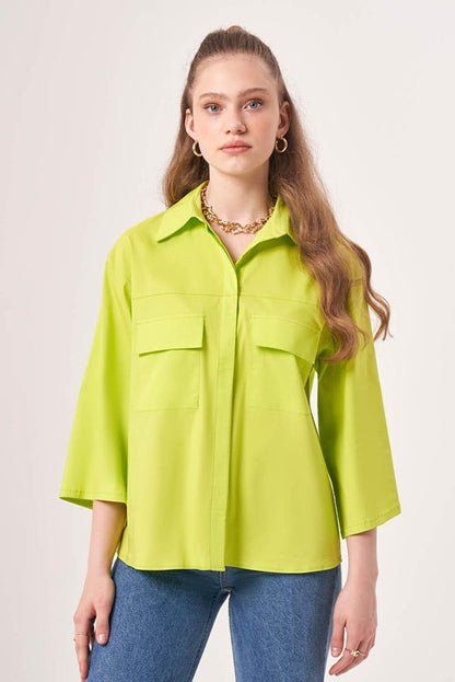 Short Pocket Poplin Green Shirt