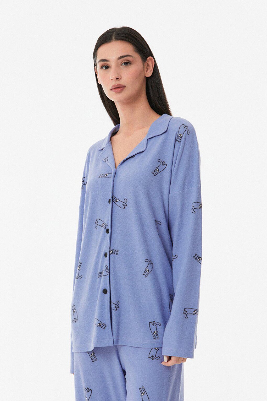 Cat Printed Shirt Collar Pajama Set