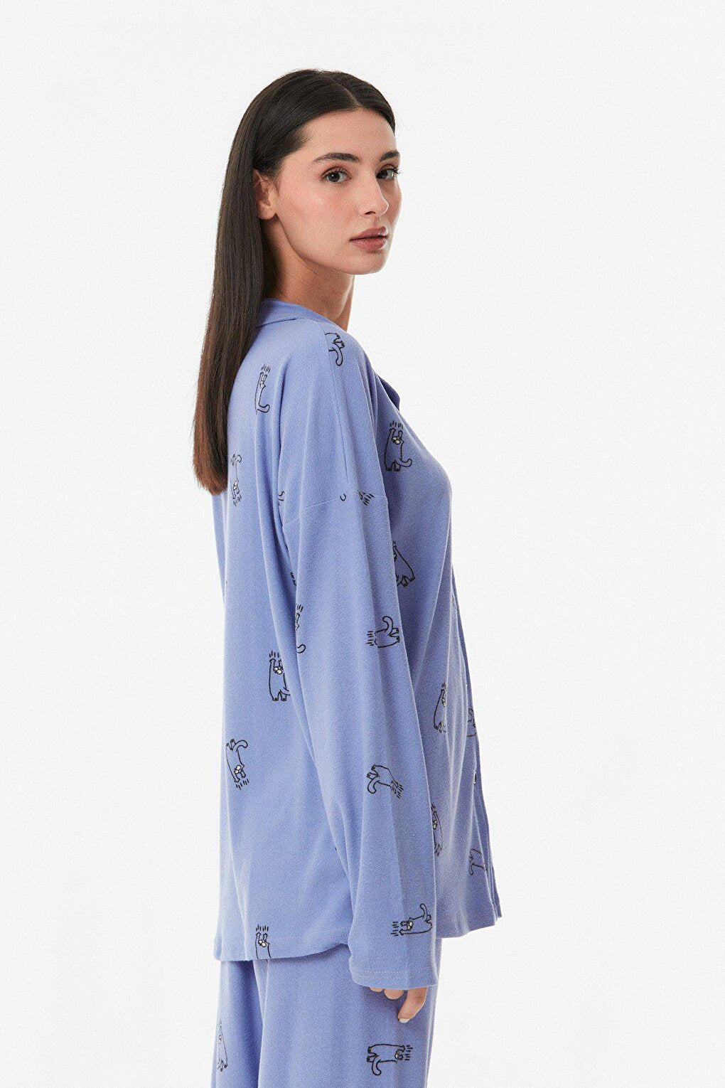 Cat Printed Shirt Collar Pajama Set