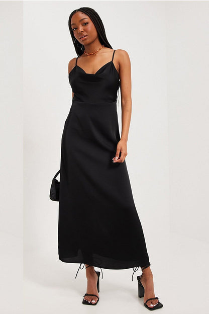 Black Satin Scoop Neck Midi Dress MG1708