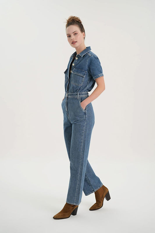 Light Blue Buttoned Short Sleeve Jean Jumpsuit C 4535-039