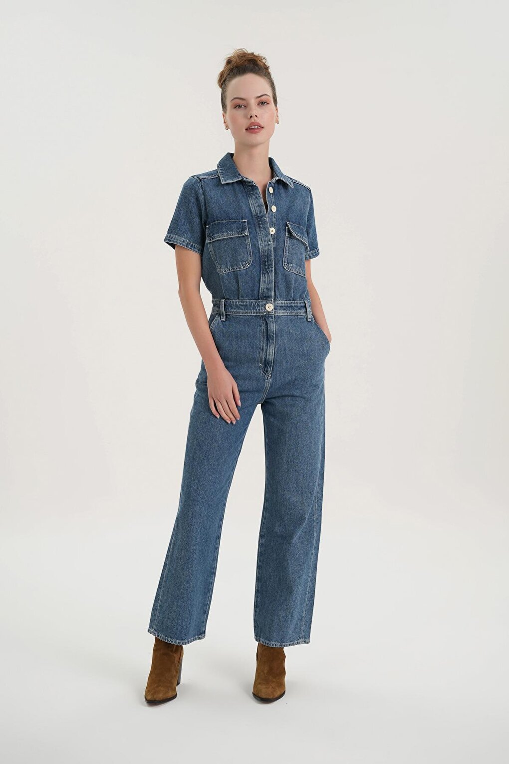 Light Blue Buttoned Short Sleeve Jean Jumpsuit C 4535-039